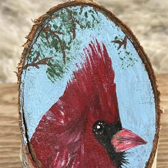 Hand Painted Cardinal On A Piece Of Birch Bark Rustic Cabin Decor Artist Signed - Picture 5 of 13